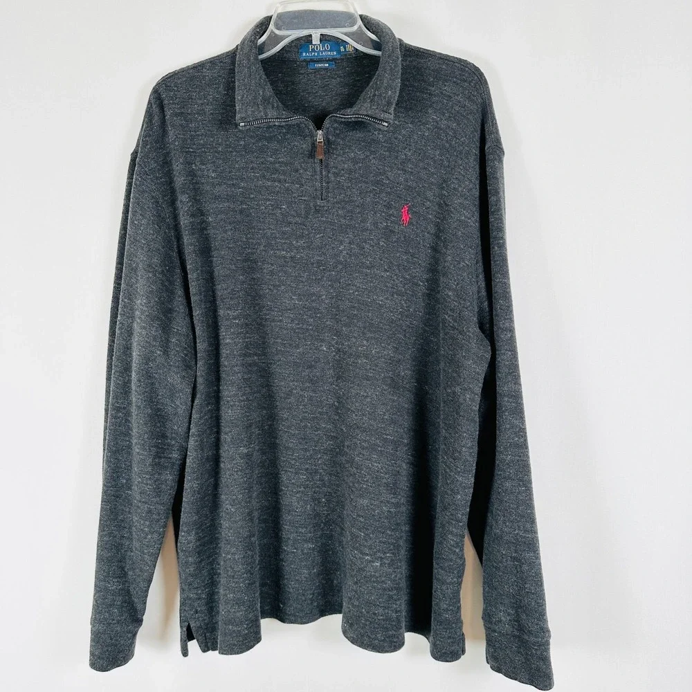Polo Ralph Lauren Estate Rib Sweater Men XL Gray Pullover Quarter Zip Flesh Pony